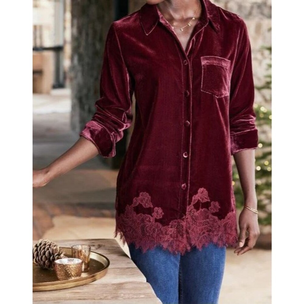 Soft Surroundings Size XS‎ Cardigan Velvet Lace Eden Cabernet Top Burgundy d